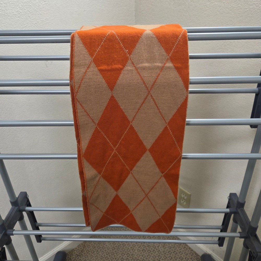 Orange Tan Argyle Knit Scarf Unisex Preppy Academic Winter Accessory 70x6